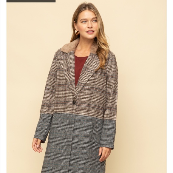 🆕 Mystree-Buckle Trench Coat Plaid Dark Academia Colorblock Faux Fur Collar - Picture 5 of 16